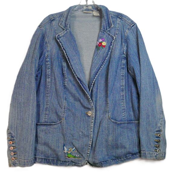 ST JOHNS BAY Womens Size 1X Denim Stretch Button Mid-Length Jacket Embroidered - Picture 1 of 15